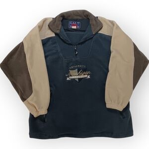 90s GANT Navy and Tan Michigan Wolverines Embroidered Fleece Pullover -  L